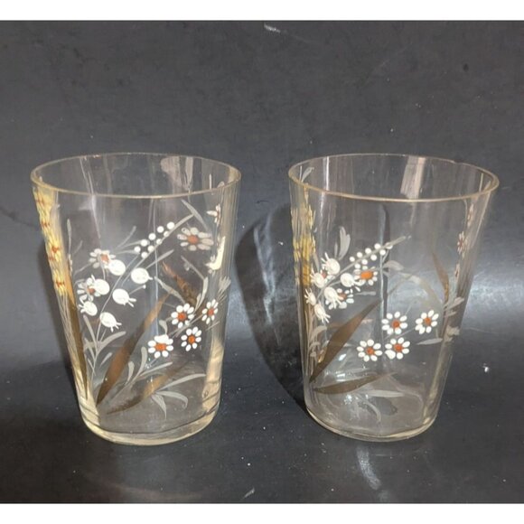 Hand-Painted Vintage Flower Glasses Set Of 2 Elegant Clear Tumblers With Yellow - Picture 5 of 8